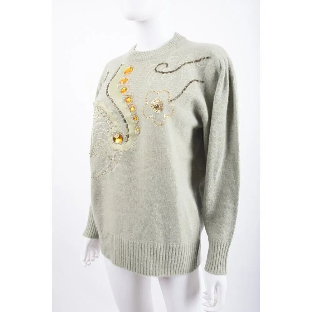 Vintage 80s Anna Womans Sweater Size S Wool Sage Green Beaded embellished